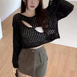 Women's T Shirts Summer Loose Shirt Casual Spicy Girl Attire Women Breathable Knit Cover-up Sun-Protect Hollow Out Crochet Pullovers Crop