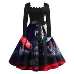 Casual Dresses Halloween Print Flare Dress For Women Long Sleeve Hollow Party Gothic Autumn