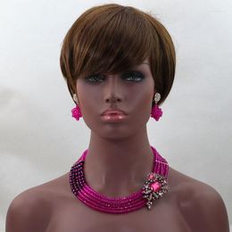 Necklace Earrings Set Fashion Fuchsia Pink Crystal Jewelry Black Costume Nigerian Wedding African Beads Bridal ALJ566