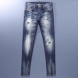 Men's Jeans Fashion Designer Men High Quality Retro Washed Blue Elastic Slim Fit Ripped Painted Vintage Brand Pants Hombre
