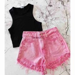 Clothing Sets 16Y Fashion Kids Girls Summer Clothes Outfits Solid Colour Sleeveless Tank Tops and Casual Raw Hem Denim Shorts Set x0803