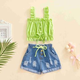 Clothing Sets Girl Two Piece Clothing Set Solid Colour Sleeveless Pleated Tank Tops Denim Elastic Ripped Shorts Kid Girl Summer Clothes x0803