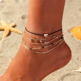 Anklets Fashion Beach Heart Chain Five Piece Anklet Women Simple Black Rope Round Bead Party Holiday Jewelry Accessories Gift