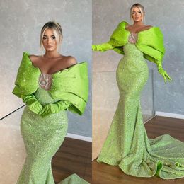 Elegant Green Mermaid Evening Off Shoulder Beads Sequins Formal Party Prom Dress Sweep Train Red Carpet Long Dresses For Special Ocn