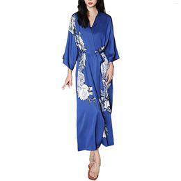 Women's Sleepwear Satin Pajamas Seven Sleeve Cool Feeling Floral Printed Robe Bathrobe Loungewear Bath Wrap Womens House With Hood