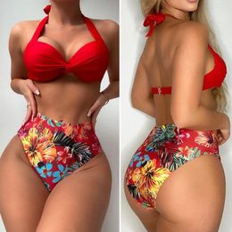 Women's Swimwear 1 Set Bathing Suit Exquisite Pattern Padded Non-Fading High Cut Women Push-Up Halter Bikini Floral Printed For