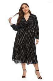 Casual Dresses 2023 Style For Autumn And Winter Fashion Loose Big Plus-sized Women's V-neck Long Sleeve Black Polka Dot Dress DR7