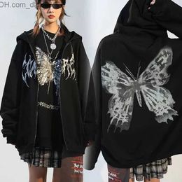 Men's Hoodies Sweatshirts Butterfly Print Hoodie Women's Autumn Punk Zipper Loose Coat Women's Harajuku Hip Hop Street Fashion Y2k Aesthetic Hoodie Z230804