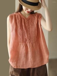 Women's Blouses Summer Breathable Ramie Shirt 2023 Style Stand Neck Pullovers Tops Pleated Sleeveless Elegant Blusas