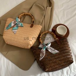 Evening Bags Women Handbags Bamboo Handle Totes Hand Woven Hobo Bag Fashion Versatile Scarf Bow Clutch Summer Beach Travel Elegant Hand Bags J230804