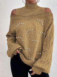 Women's Sweaters Autumn And Winter Sweater Shoulder Drop Design Lantern Sleeve Retro Solid Color Beaded Splice