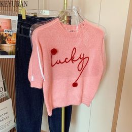 Women's Sweaters Spring Summer Sweet Pink Letters Knitted Short Sleeve Sweaters Women Pullovers Korean Chic Basic Knitwear Tops Jumpers 230803