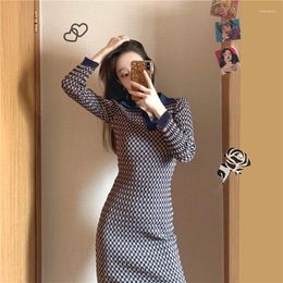 Casual Dresses Temperament Vintage Korean Striped Long Sleeve Women Autumn Polo Collar Sweater Knitted Bodycon Wrap