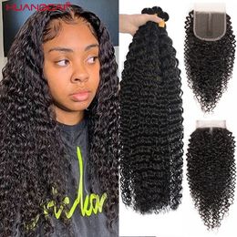 Synthetic Wigs Remy Brazilian Deep Wave Human Hair Bundles with Closure Curly Texture 3 4 36 38 40 Inch Lengths 230803