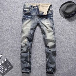 Men's Jeans Italian Style Fashion Men Retro Washed Slim Fit Ripped Patchwork Denim Trousers Vintage Designer Pants Hombre