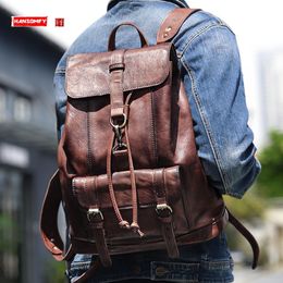 School Bags Vintage Genuine Leather Men's Backpack First Layer Cowhide Retro Large Capacity 14156 Inch Laptop Bag Computer Travel 230804