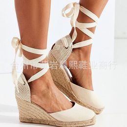 Sandals Women's Espadrille Ankle Strap Sandals Comfortable Slippers Ladies Womens Casual Shoes Breathable Flax Hemp Canvas Pumps 230804