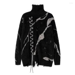 Men's Sweaters Front Lace Up Tie Dye Frayed High Neck Street Retro Casual Oversized Unisex Woollen Clothes Knitted Sweater