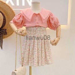 Clothing Sets 2021 Summer Girls' Clothing Sets Elegant Princess Sweet Lapel Top Flower Pleated Skirt Children Baby Kids Girls Clothes Suit x0803