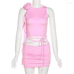 Work Dresses 2023 Women Summer 2 Pieces Outfits Solid 3D Flower Crew Neck Sleeveless Cross Tie-Up Tank Tops Wrapped Hip Mini Skirts Set
