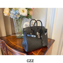 Handmade Handbag Ostrich Bags Hand Sewn Handbag Wax Thread Home Bag 25 30 35 Original Skin Black Silver Buckle Genuine Leather 177g Cy