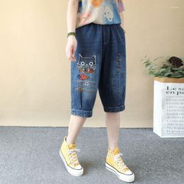 Women's Jeans 2023 Arrival Summer Women All-matched Embroidery Cotton Denim Knee Length Casual Elastic Waist Loose Harem Pants P627