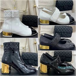 2023-Spring Autumn Designer New Women Mary Jane Single Shoes Classic Lingge Leather Short Boots Luxury Fashion High Quality Thick Heel Lacquer Leather