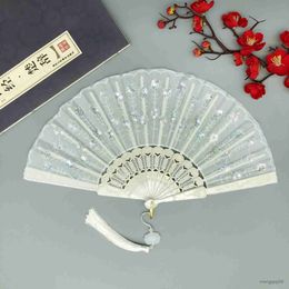 Chinese Style Products Embroidery Sequin Folding Fan Chinese Style Lolita Dance Hand Fan with Pendant Gift Costume Wedding Decoration R230804