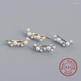 Stud Earrings Solid 925 Sterling Silver Simulated Pearl Earring Gold Plated CZ Zircon Diamond Cuff Ear Climber For Women Girl