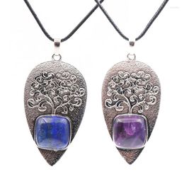 Pendant Necklaces Healing Tree Of Life Natural Crystal Necklace Square Charm Water Drop Amethysts Lapis Pink Quartz Women Jewelry