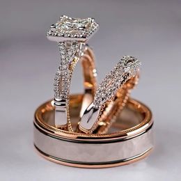 Wedding Rings Luxury Jewelry Rose GOld Fill Princess Cut White 5A Cubic Zircon Party Eternity Women Engagement Men Couple Rings For Lover Gift