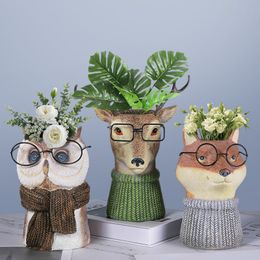 Decorative Objects Figurines Home Decorations Resin Owl Ornament Decorative Novelty Deer Head Vase Cartoon Animal Flower Pot Desktop Decorative Flower Pot 230804