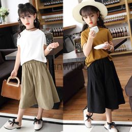 Clothing Sets Girls' Suit 2022 Summer Fashion Clothes New Children's Wear Kids Loose Cotton Linen Wide Leg Pants Stylish Short Sleeve 12 Years x0803