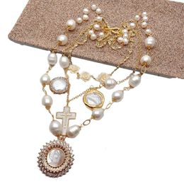 Pendant Necklaces YYGEM Freshwater White Rice Pearl Gold Plated Chian statement Necklace Shell Virgin Mary Charm 20" for women 230804