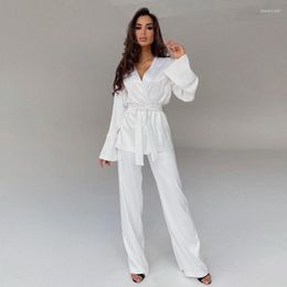 Women's Sleepwear Elegant White Trouser Suits Flare Long Sleeves Women Pyjama Home Suit Loose Kimono Robe Sets Satin Pyjamas With Pants