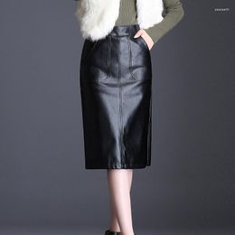 Skirts 2023 Autumn And Winter Long PU Leather Women Pocket Skirt Female High Waist Knee Length