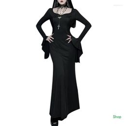 Casual Dresses L5YC Halloween Womens Black Gothic Maxi Dress Flare Long Sleeve Bodycon