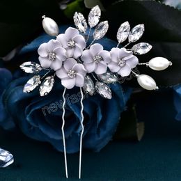 Floral Hairpin Wedding Hair Accessories Pearl U-shaped Tiaras Slver Color Hair Clip Fashion Girls Prom Crown Bridal Hair Jewelry