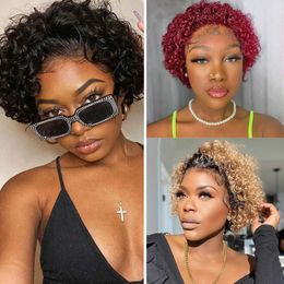 Lace Wigs Pixie Cut Human HaiShort Curly Front Hair For Women Brazilian Water Wave Bob Wig 13x1 Transparent 230803