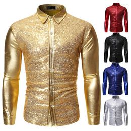 Men's Casual Shirts Silver Metallic Sequins Glitter Shirt Men 2023 70's Disco Party Halloween Costume Chemise Homme Stage Performance Male