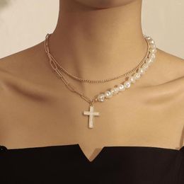 Pendant Necklaces Korean Fashion Double-layer Chain Imitation Pearl Cross Necklace Women Versatile Daily 2023 Jewelry Gift