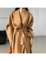 Women's Wool Blends In Outerwear Water Ripple Double-Sided Long 100% Wool Coats Women Loose Lacing Belt Bathrobe Style Woollen Jackets 230803