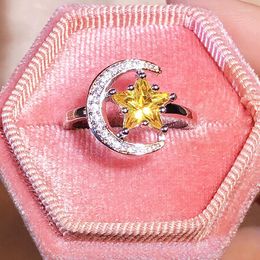 Cluster Rings Stylish Openwork Star Moon TopazYellow Round Full Diamond Couple Ring For Women Zircon Silver-Plated Christmas Banquet Jewellery