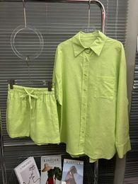 2023 Summer New Linen Long Sleeve Sunscreen Shirt Coat Lace up Elastic Waist Shorts Two Piece Set