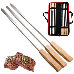 BBQ Tools Accessories 8Pcs Stainless Steel Barbecue Skewer Reusable Skewers Thickened Steak Grill Stick with Wooden Handle Outdoor 230804