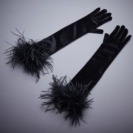 Fingerless Glove s Elegant Ostrich Feather Patchwork Long Velvet Glove Female Spring Summer Vintage Sunscreen Driving P ograph R551 230804