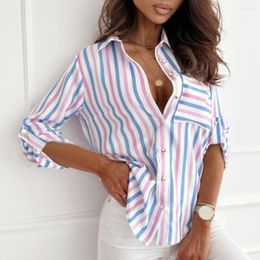 Women's Blouses Women Shirt Tops Autumn Lapel Long Sleeve Striped Print Patch Pocket Slim Fit Lady Workwear