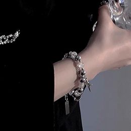 Strand Crystal Cross Pearl Beaded Bracelet For Women Vintage Aesthetic Charm Double Layer Chain Jewelry Gift