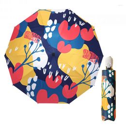 Umbrellas Vintage UV Protect Floral Women Rain Umbrella Chic Pink Rose Three Folding Girl Durable Portable Automatic Gear