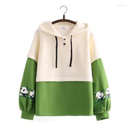 Women's Hoodies Kawaii Panda Embroidery Fleece Women Patchwork Drawstring Hooded Sweatshirt 2023 Winter Female Pullover Cute Tops